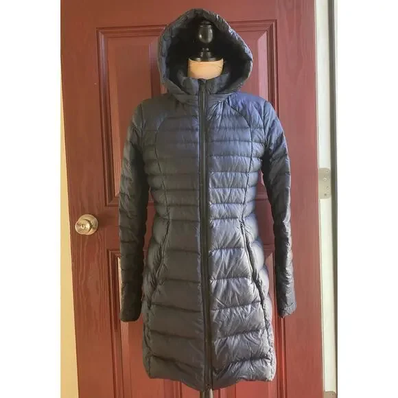 Lululemon Brave the Cold Goose Down Coat Women 6 Black Blue? Long Puffer Hooded - Picture 1 of 13
